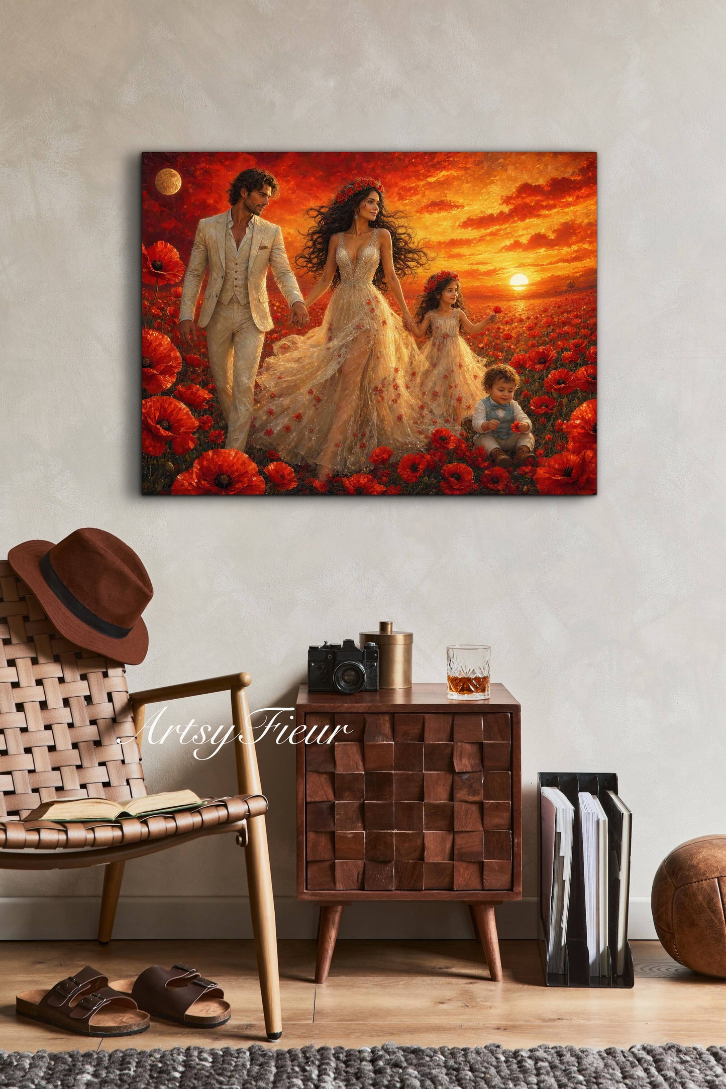 Framed Canvas- Vibrant Poppies Field Bride Groom Mother Daughter and Baby boy Portrait Whimsical Full Moon Sunset Fantasy Oil Painting Wall Art Print