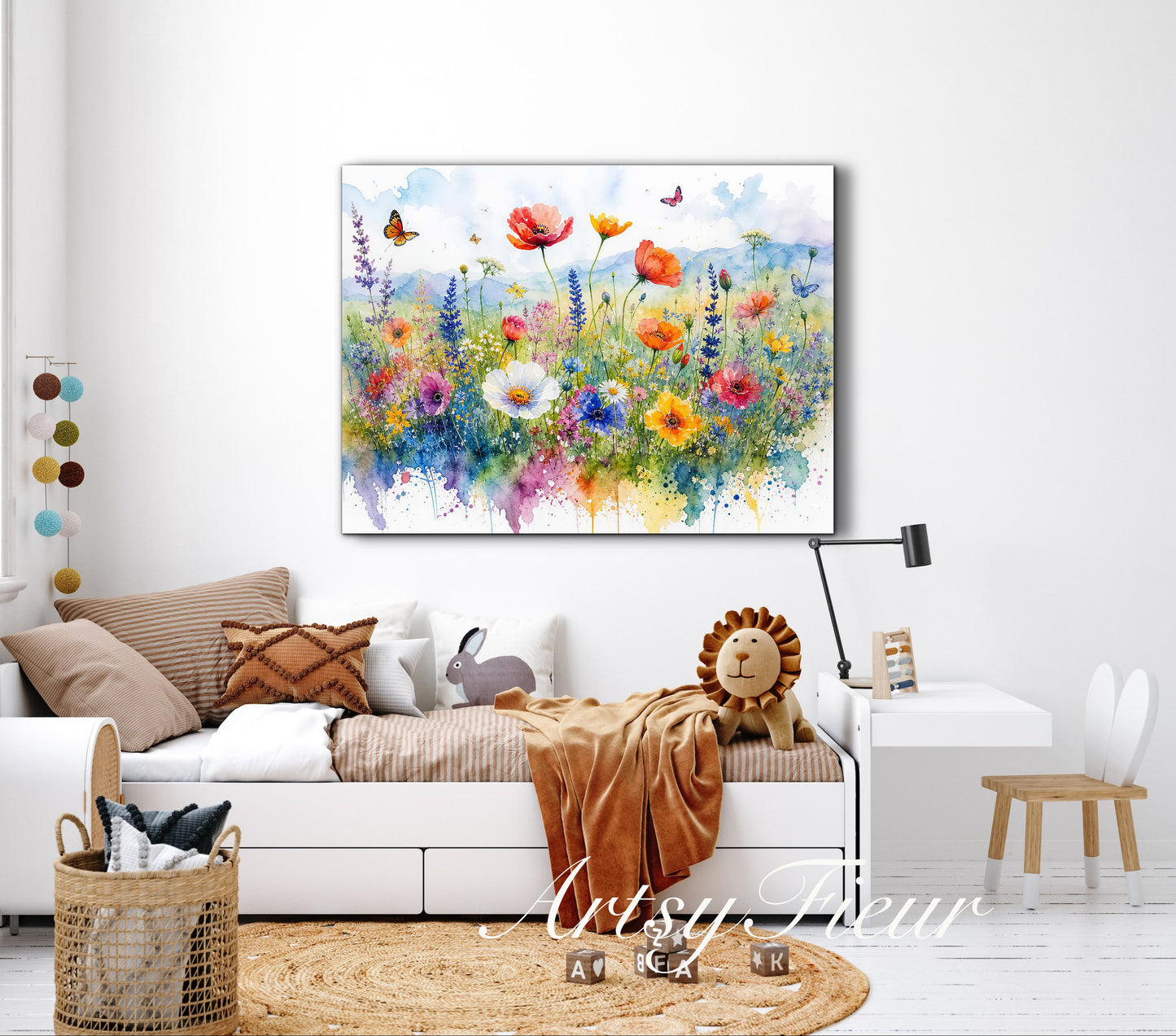 Framed canvas- ready to hang wall art print, beautiful vibrant colours watercolour fantasy painting wildflowers ,floral landscape, unique gift, one of a kind original artwork