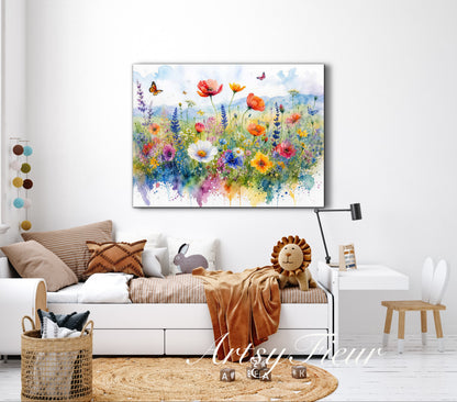 Framed canvas- ready to hang wall art print, beautiful vibrant colours watercolour fantasy painting wildflowers ,floral landscape, unique gift, one of a kind original artwork