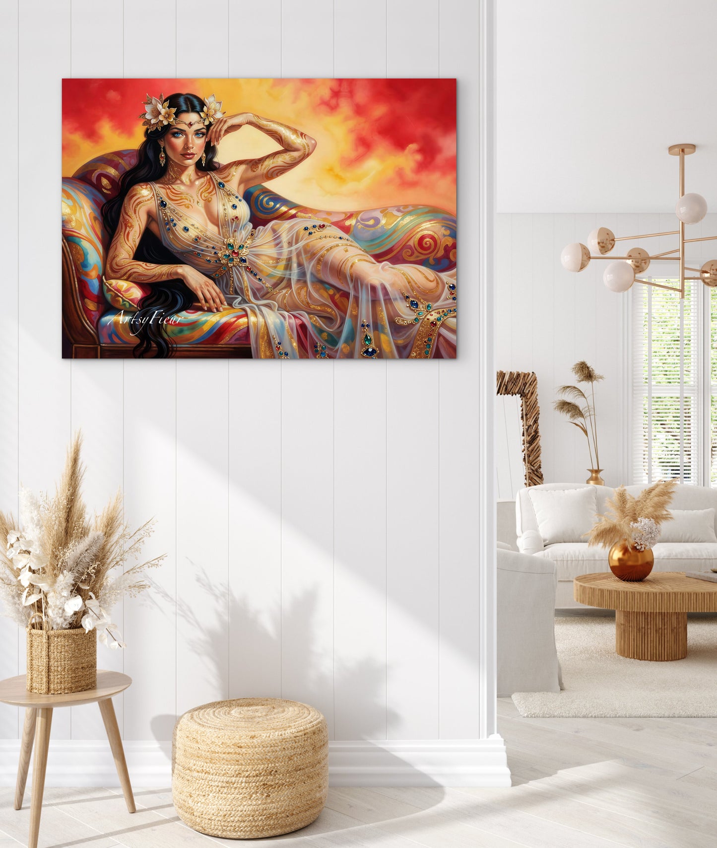 Framed canvas Beautiful Brunette on colourful sofa vibrant wall art abstract portrait, vibrant colours fantasy watercolour painting Ready to Hang Living Room Wall Art Print