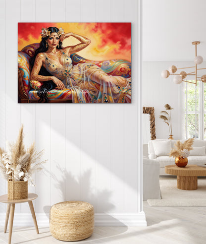 Framed canvas Beautiful Brunette on colourful sofa vibrant wall art abstract portrait, vibrant colours fantasy watercolour painting Ready to Hang Living Room Wall Art Print