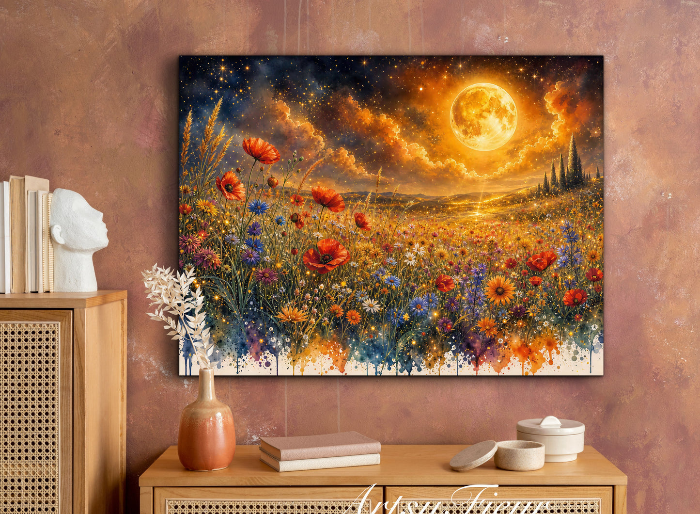 Framed Canvas Print- Vibrant Wildflowers and Poppies Oil Painting Textured Wall Art , Beautiful Original Artwork Ready to Hang Living Room, Floral