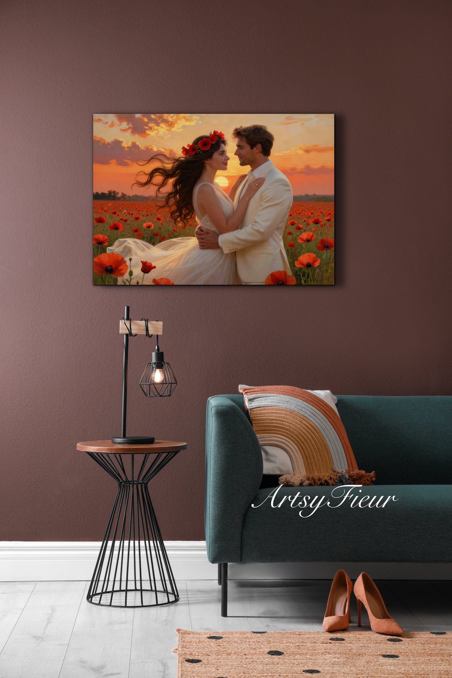 Framed canvas- whimsical full moon sunset bride and groom, wedding, poppy field, vibrant colours living room original artwork, fantasy oil painting wall art print