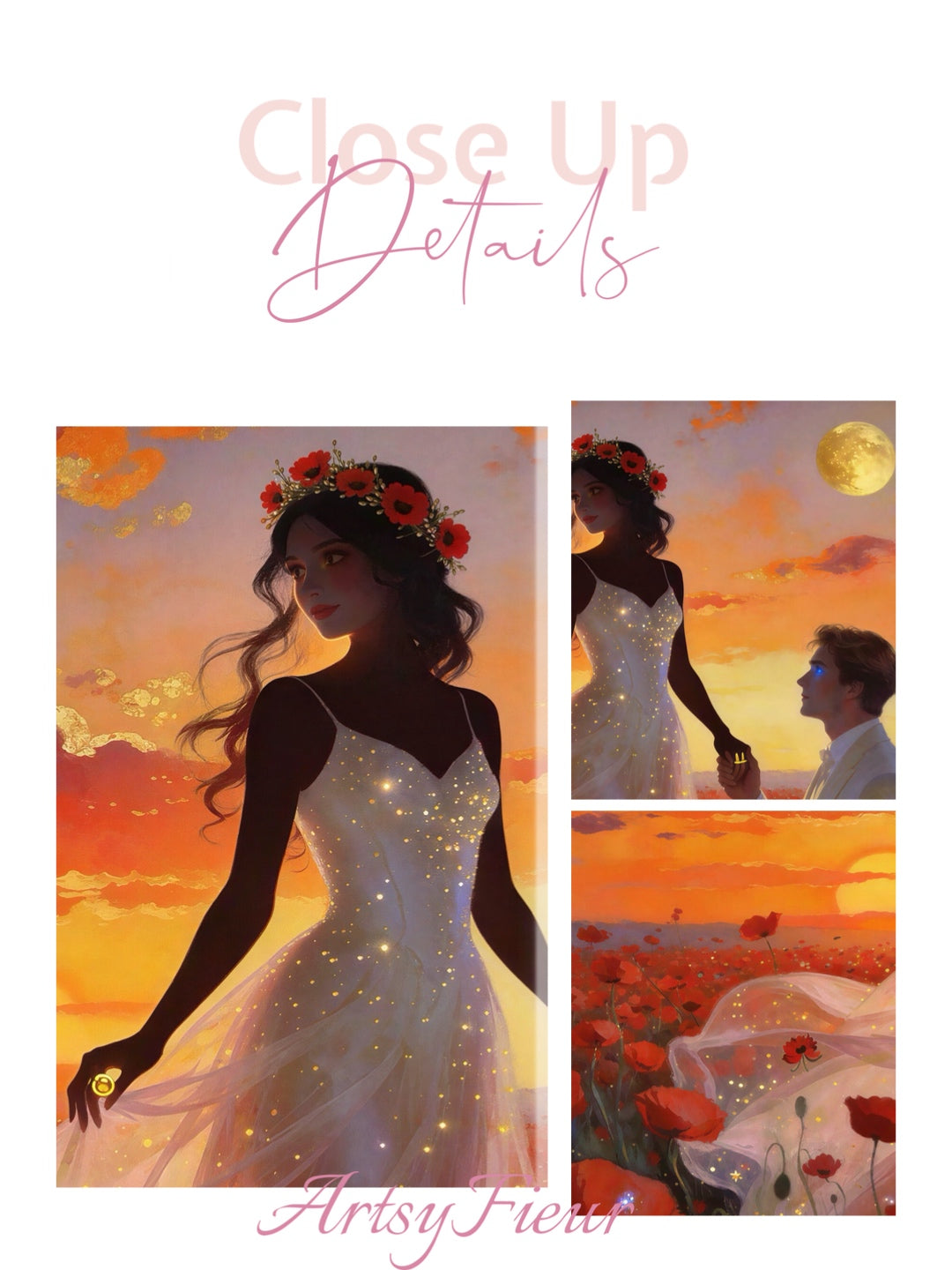 Framed canvas- whimsical full moon sunset bride and groom, wedding, poppy field, vibrant colours living room original artwork, fantasy watercolour paintingwall art print