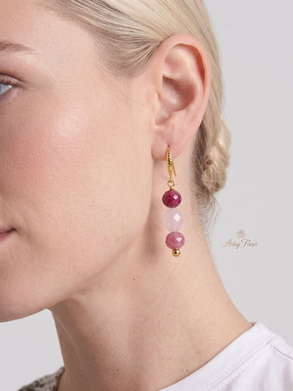 Rose Quartz Earrings Pink Tigers Eye Natural Gemstone Dangle Drop Long Earrings Hypoallergenic