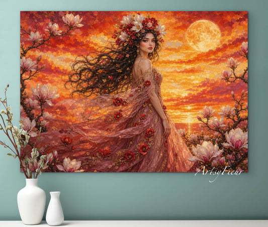 Framed Canvas- Vibrant Magnolia Flowers Beautiful Brunette Woman’s Abstract Portrait Mosaic Original Artwork Fantasy Wall Art Print