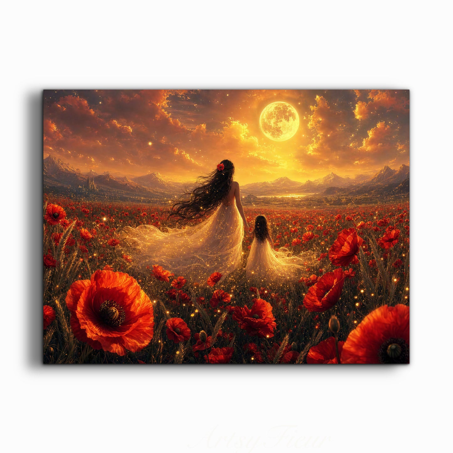 Framed Canvas- Vibrant Poppies Field Bride Mother and Daughter Portrait Whimsical Full Moon Sunset Fantasy Oil Painting Wall Art Print
