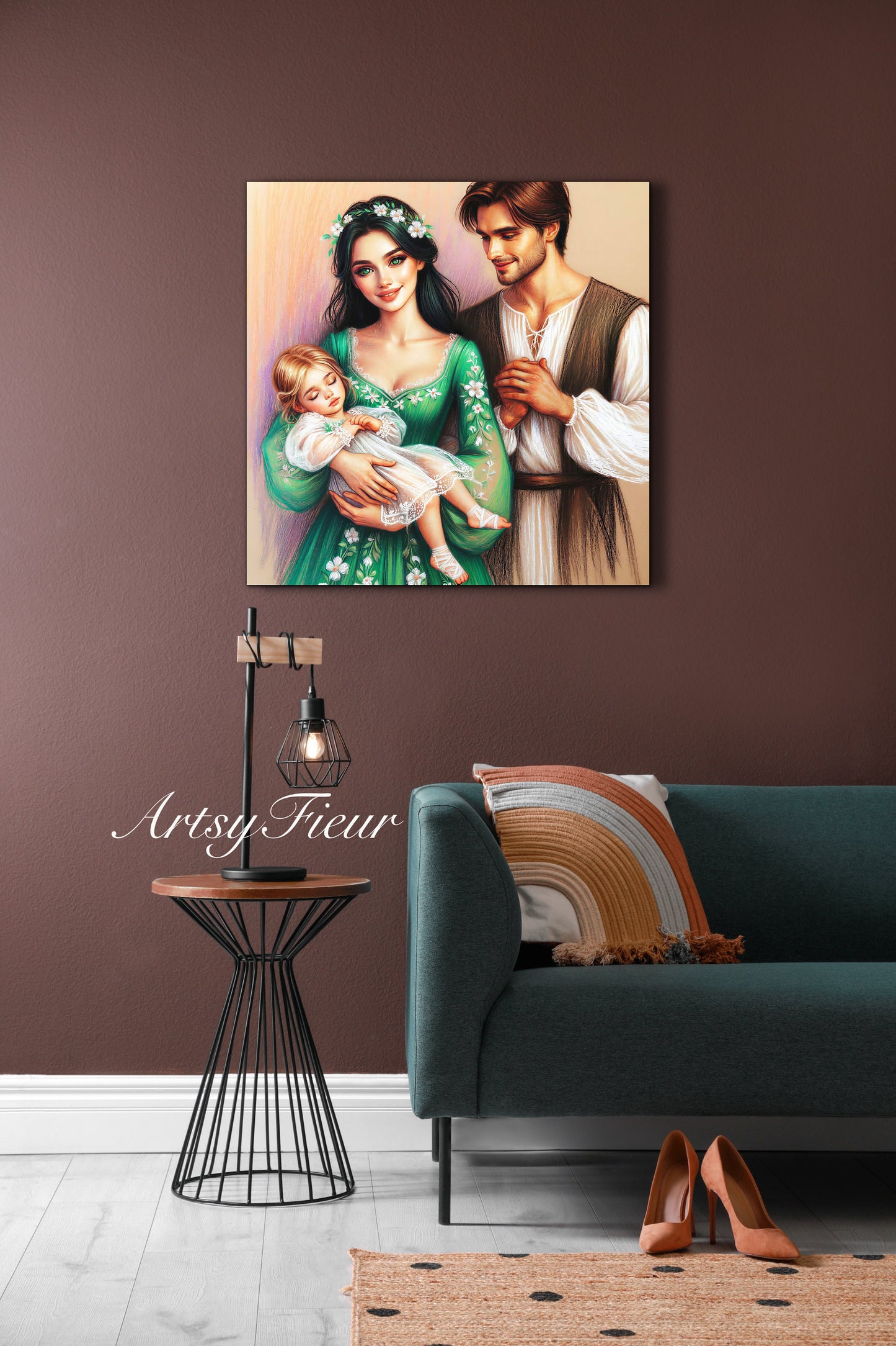 Framed canvas- ready to hang wall art print, colourful drawing abstract family portrait mother and daughter colourful drawing