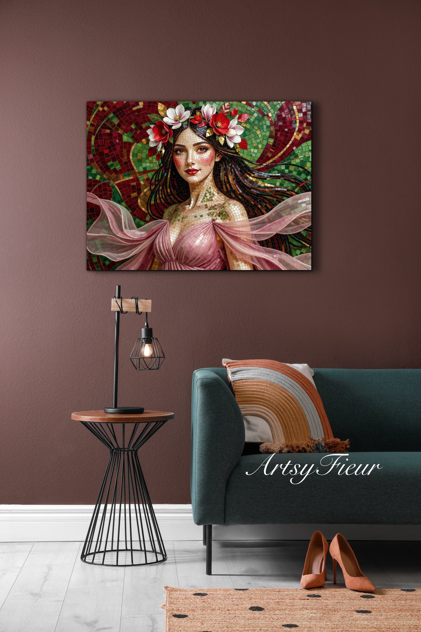 Framed Canvas- Vibrant Magnolia Flowers Beautiful Brunette Woman’s Abstract Portrait Mosaic Original Artwork Fantasy Wall Art Print