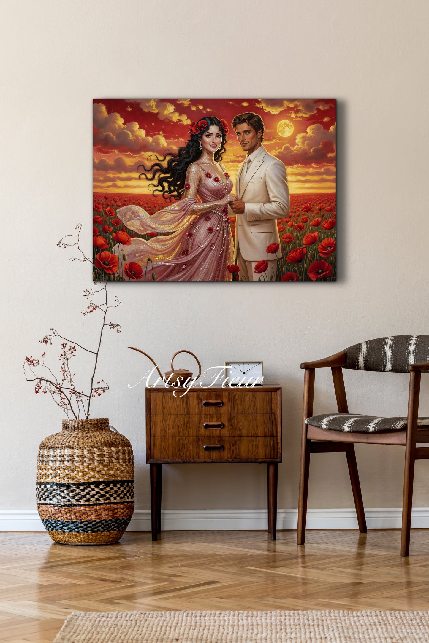 Framed canvas- whimsical full moon sunset bride and groom, wedding, poppy field, vibrant colours living room original artwork, fantasy oil painting wall art print