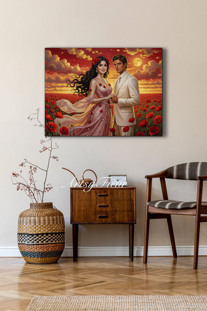 Framed canvas- whimsical full moon sunset bride and groom, wedding, poppy field, vibrant colours living room original artwork, fantasy oil painting wall art print