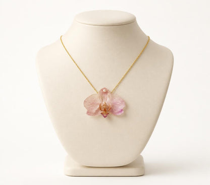 *REAL FLOWER Orchid Necklace Preserved Flower Pendant in Resin 3D White Purple Striped Orchid Pearl Smooth Snake Chain