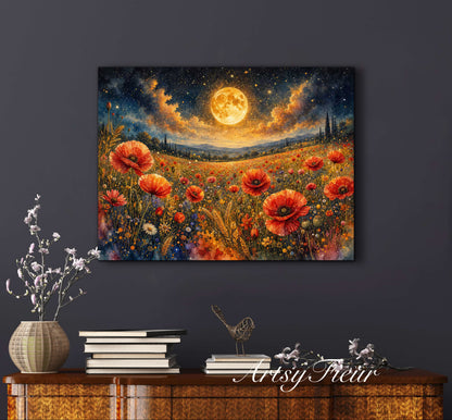 Framed Canvas Print- Vibrant Wildflowers and Poppies Oil Painting Textured Wall Art , Beautiful Original Artwork Ready to Hang Living Room, Floral