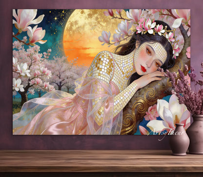 Framed Canvas- Vibrant Magnolia Flowers Beautiful Brunette Woman’s Abstract Portrait Mosaic Original Artwork Fantasy Wall Art Print