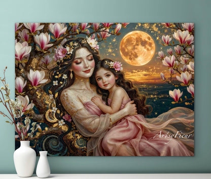 Framed Canvas- Vibrant Magnolia Flowers Mother and Daughter Portrait Original ArtworkFantasy Wall Art
