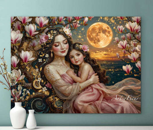 Framed Canvas- Vibrant Magnolia Flowers Mother and Daughter Portrait Original ArtworkFantasy Wall Art