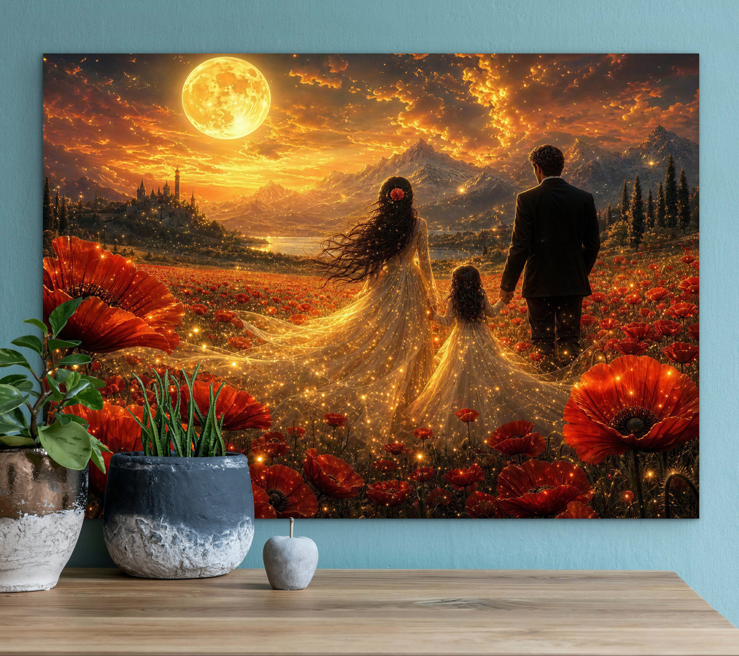 Framed Canvas Vibrant Poppies- Whimsical full moon fantasy oil painting Wedding celebration mother and daughter beautiful family portrait Original wall art print