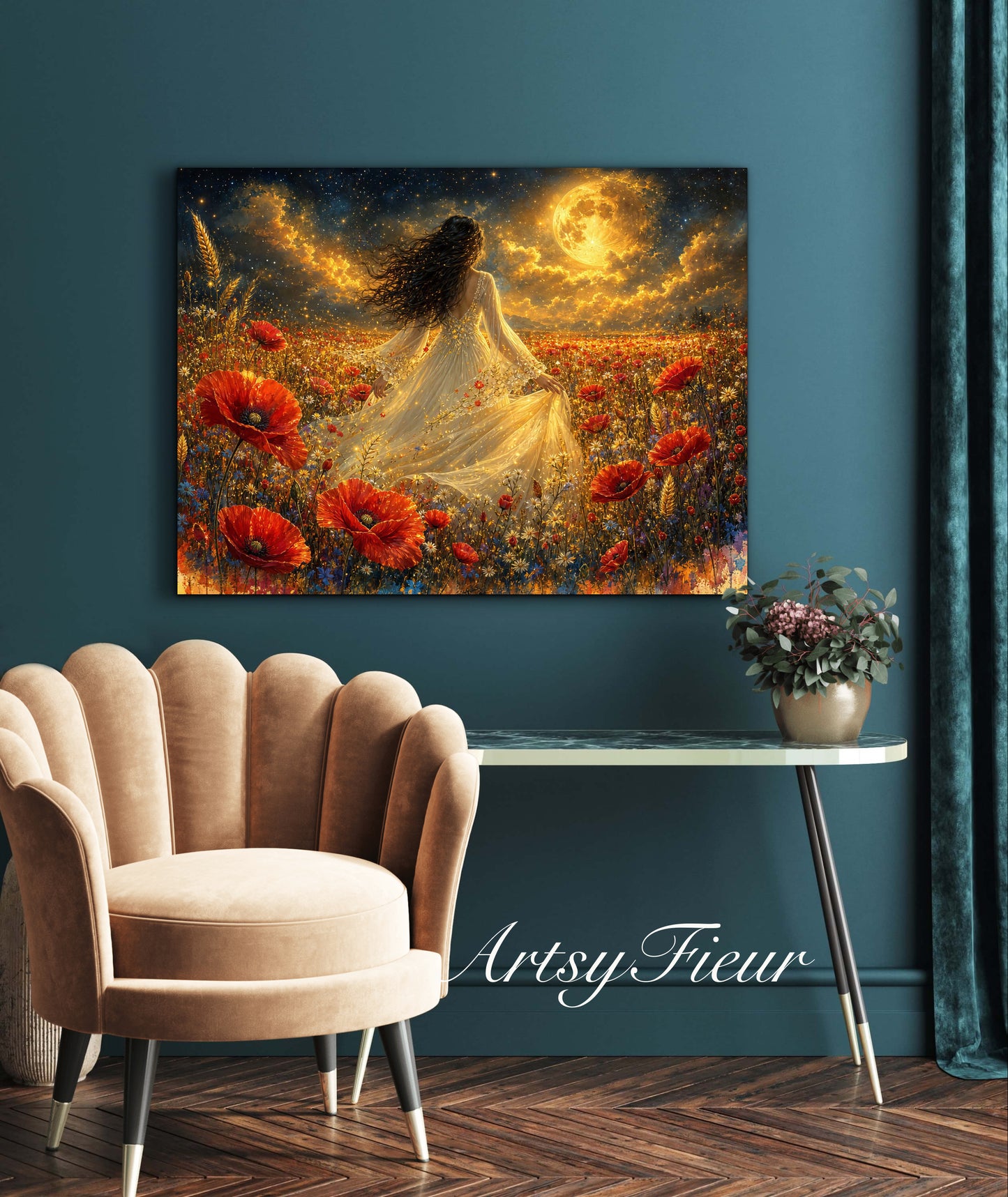 Framed Canvas - Vibrant poppies and wildflowers Whimsical Full Moon starry night sky Bride in Poppy Field, Wall Art Ready to hang original Artwork Print