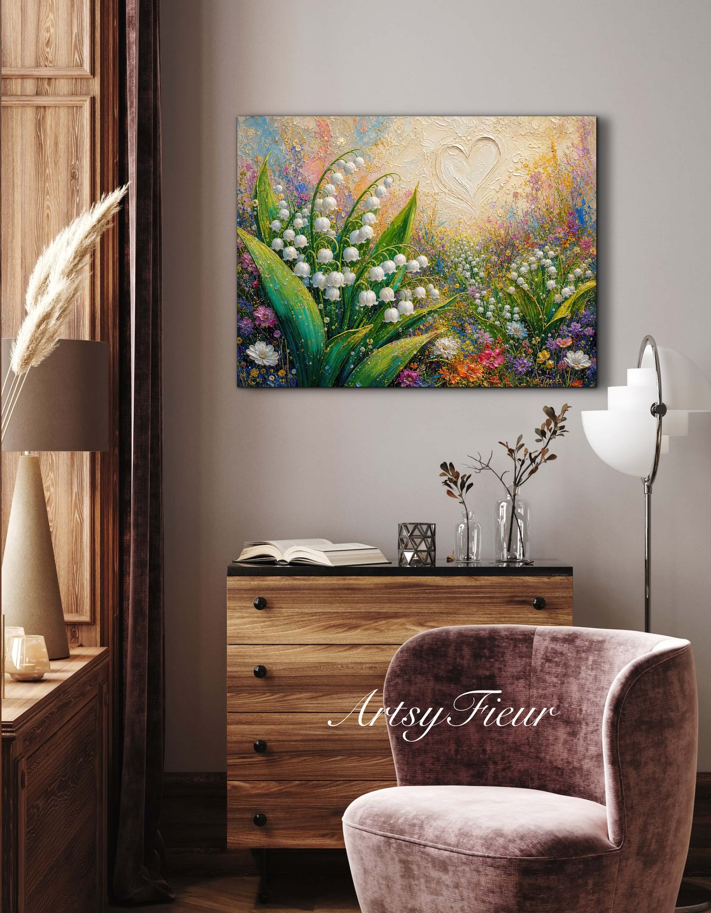 Framed Canvas Print- Vibrant Wildflowers and lily of the valley Oil Painting Textured Wall Art , Beautiful Original Artwork Ready to Hang Living Room, Floral