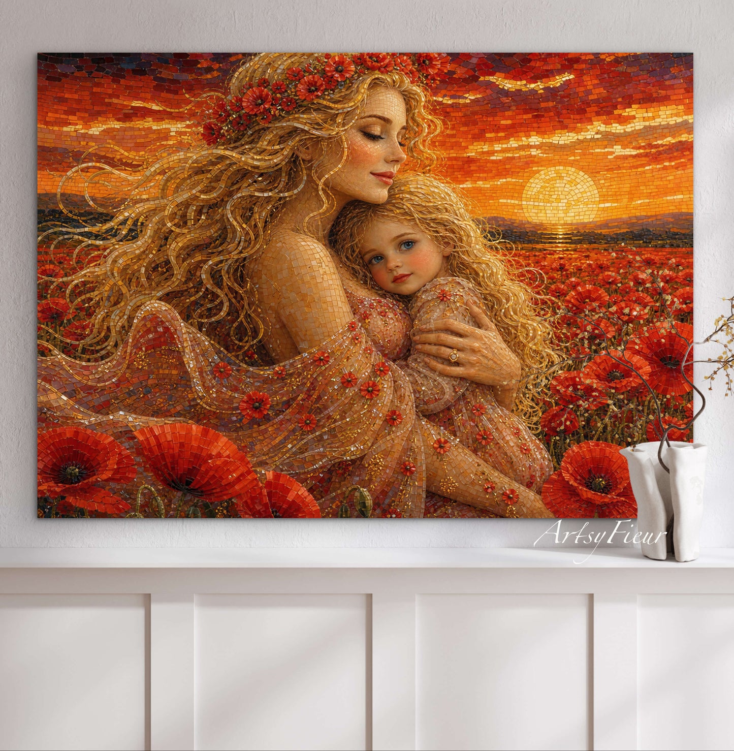 Framed Canvas- Vibrant Poppies Field Mother and Daughter Portrait Whimsical Full Moon Sunset Fantasy Oil Painting Wall Art Print