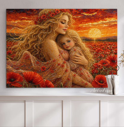 Framed Canvas- Vibrant Poppies Field Mother and Daughter Portrait Whimsical Full Moon Sunset Fantasy Oil Painting Wall Art Print