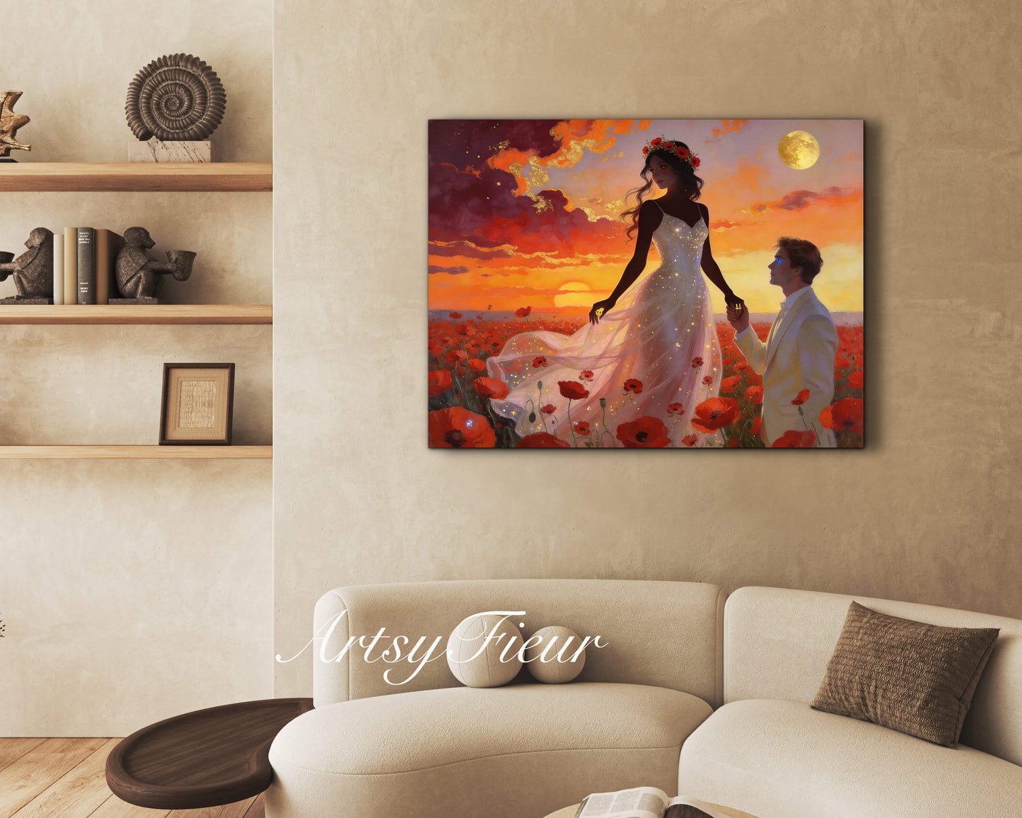 Framed canvas- whimsical full moon sunset bride and groom, wedding, poppy field, vibrant colours living room original artwork, fantasy watercolour paintingwall art print