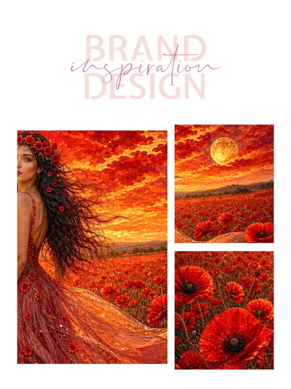 Framed Canvas - Vibrant Poppies Whimsical Full Moon Bride in Poppy Field, Wall Art Ready to hang Oil Painting Original Artwork Print