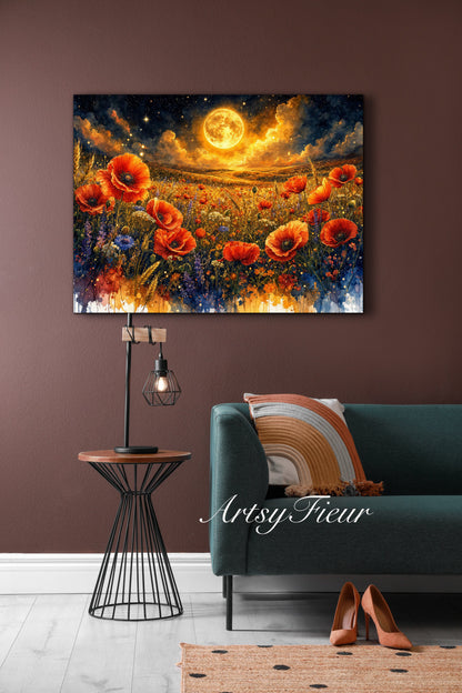 Framed Canvas Print- Vibrant Wildflowers and Poppies Oil Painting Textured Wall Art , Beautiful Original Artwork Ready to Hang Living Room, Floral