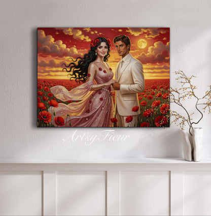 Framed canvas- whimsical full moon sunset bride and groom, wedding, poppy field, vibrant colours living room original artwork, fantasy oil painting wall art print