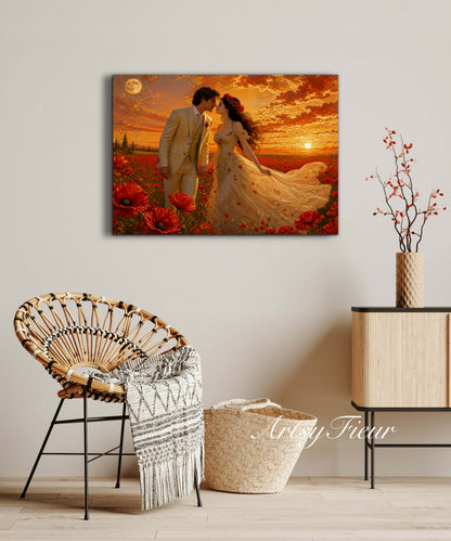 Framed canvas- whimsical full moon sunset bride and groom, wedding, poppy field, vibrant colours living room original artwork, fantasy oil painting wall art print