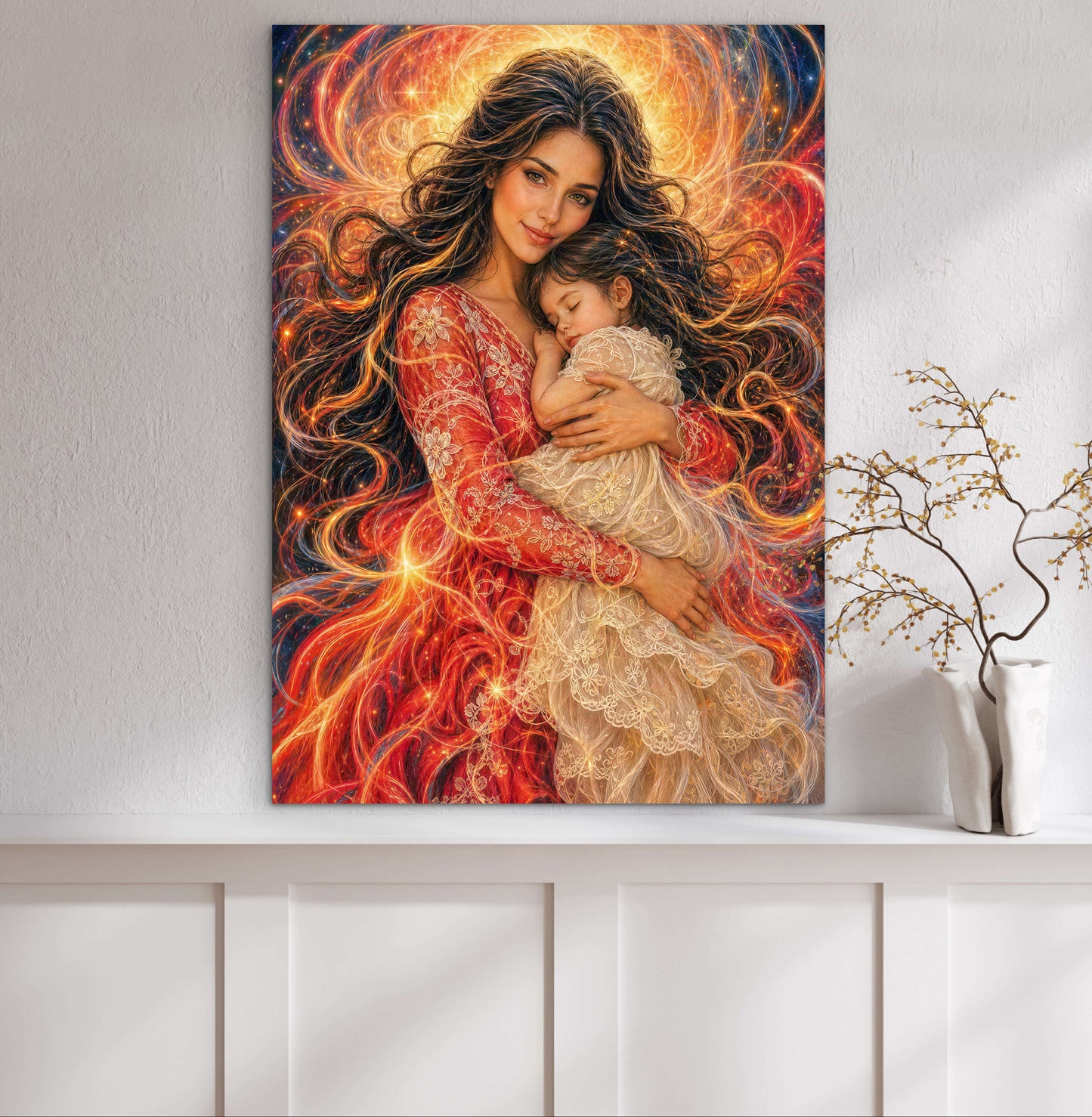 Abstract Portrait Mother and Daughter, Framed Canvas Ready to Hang, brunette dark hair baby girl