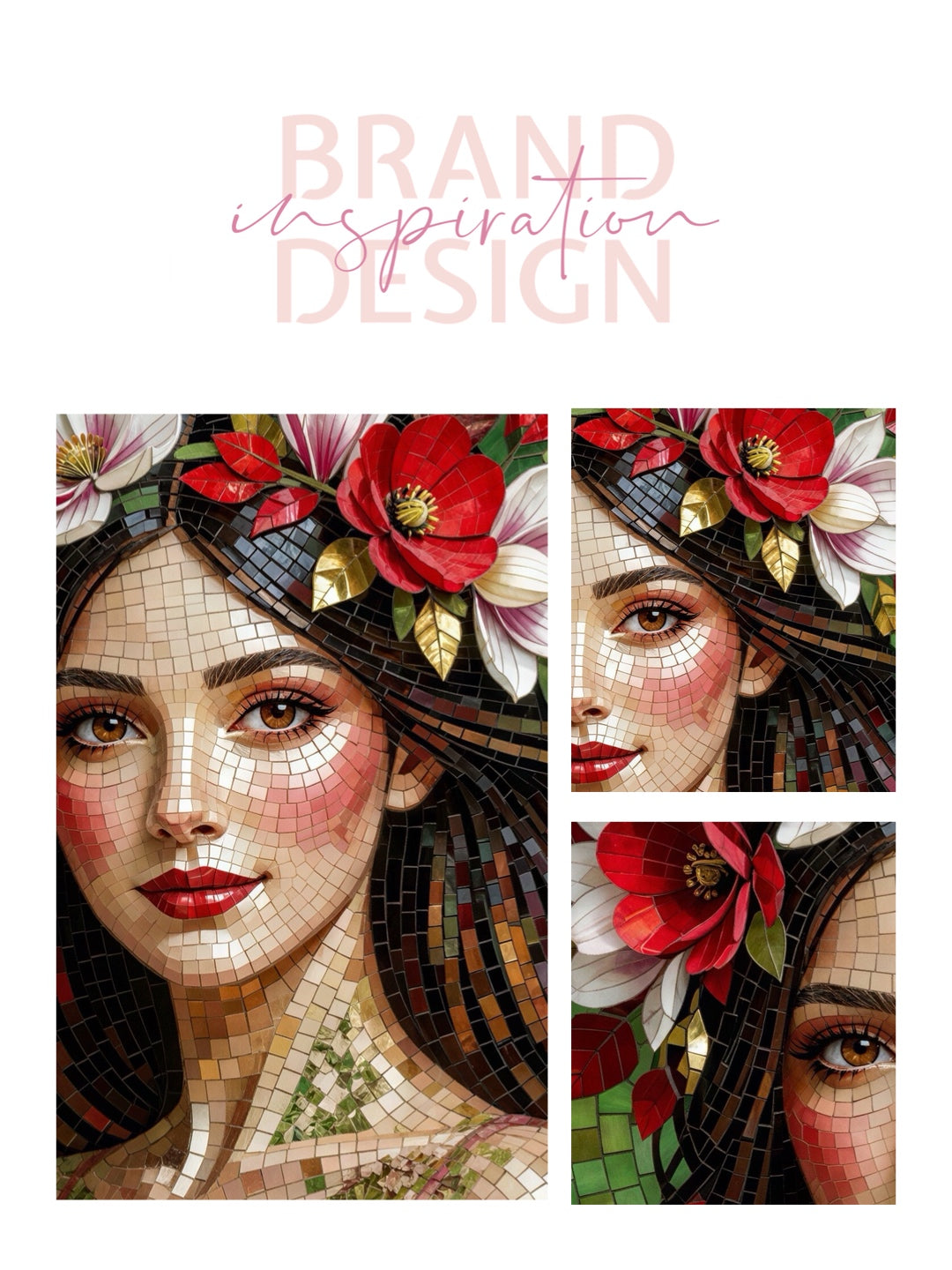 Framed Canvas- Vibrant Magnolia Flowers Beautiful Brunette Woman’s Abstract Portrait Mosaic Original Artwork Fantasy Wall Art Print