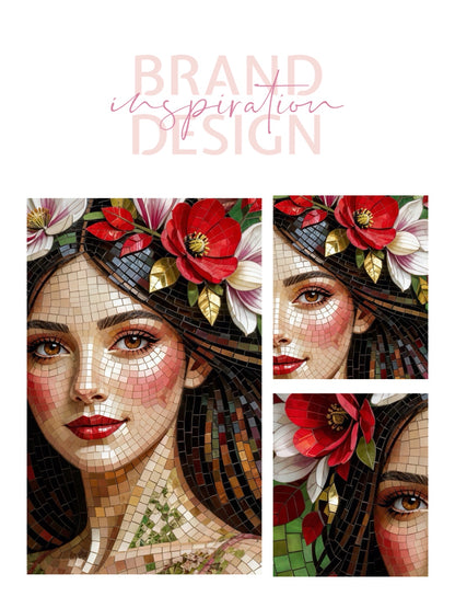 Framed Canvas- Vibrant Magnolia Flowers Beautiful Brunette Woman’s Abstract Portrait Mosaic Original Artwork Fantasy Wall Art Print