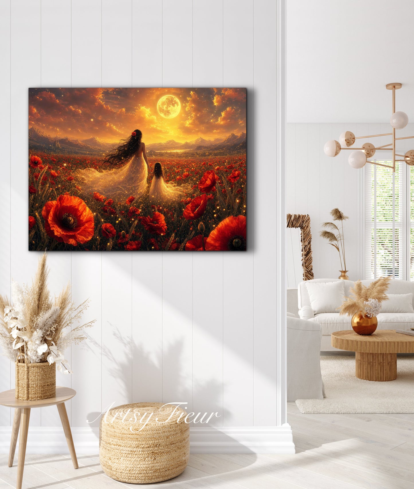 Framed Canvas- Vibrant Poppies Field Bride Mother and Daughter Portrait Whimsical Full Moon Sunset Fantasy Oil Painting Wall Art Print