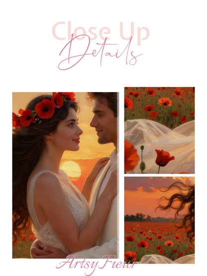Framed canvas- whimsical full moon sunset bride and groom, wedding, poppy field, vibrant colours living room original artwork, fantasy oil painting wall art print
