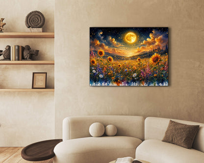 Framed Canvas- Beautiful Vibrant Colours Full Moon Floral Landscape, Wildflowers and Sunflowers Field under Night Sky Living Room Wall Art