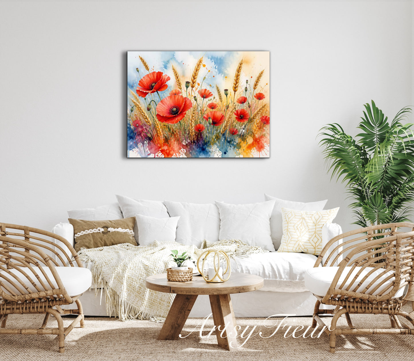 Framed Canvas Print- Vibrant Wildflowers and Poppies Oil Painting Textured Wall Art , Beautiful Original Artwork Ready to Hang Living Room, Floral
