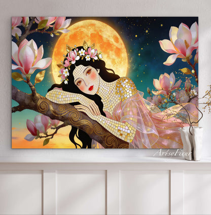 Framed Canvas- Vibrant Magnolia Flowers Beautiful Brunette Woman’s Abstract Portrait Mosaic Original Artwork Fantasy Wall Art Print