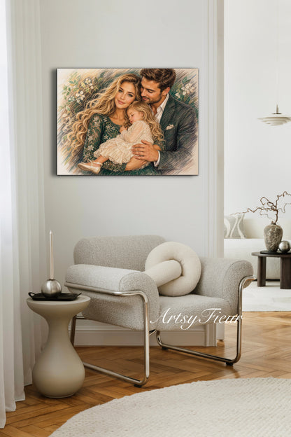 Framed Canvas- Vibrant Mother and Daughter Dad Family Portrait Fantasy Drawing Wall Art Print