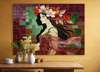 Framed Canvas- Vibrant Magnolia Flowers Beautiful Brunette Woman’s Abstract Portrait Mosaic Original Artwork Fantasy Wall Art Print Mother Nature