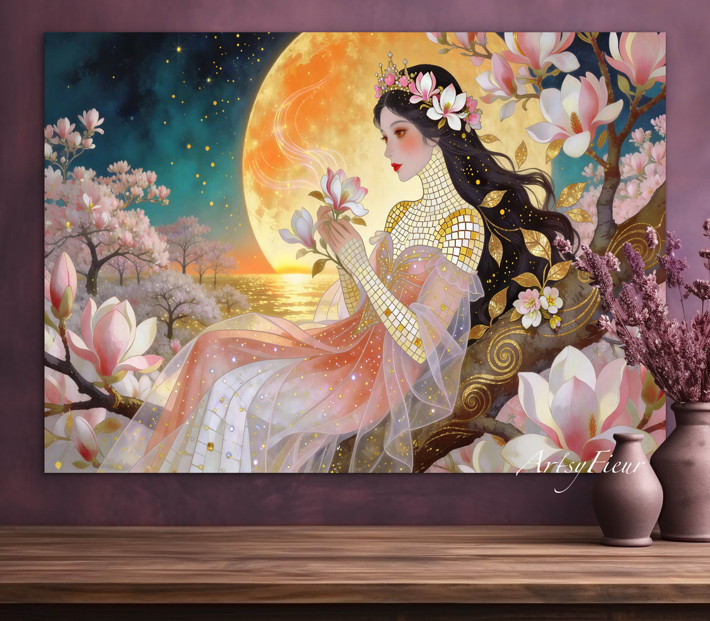 Framed Canvas- Vibrant Magnolia Flowers Beautiful Brunette Woman’s Abstract Portrait Mosaic Original Artwork Fantasy Wall Art Print