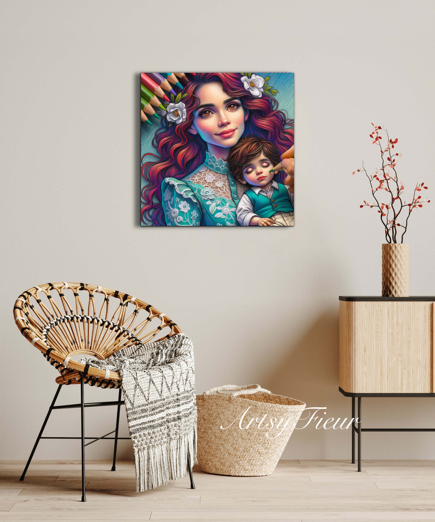 Framed canvas- ready to hang wall art print, colourful drawing abstract portrait mother and son vibrant colours, dark hair brunette beautiful woman , mum and baby boy, motherhood, mothers day gift, unique original artwork