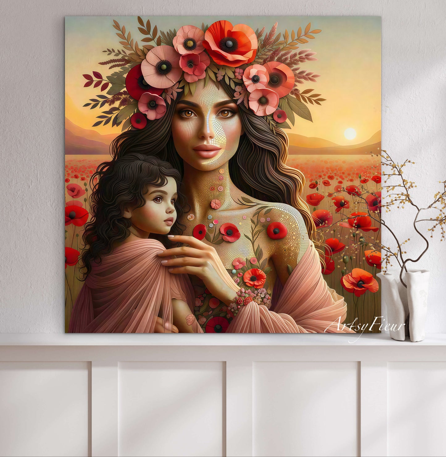 Framed Canvas- Vibrant Poppies Mother and Daughter Portrait Whimsical Full Moon Sunset Fantasy Oil Painting Wall Art Print