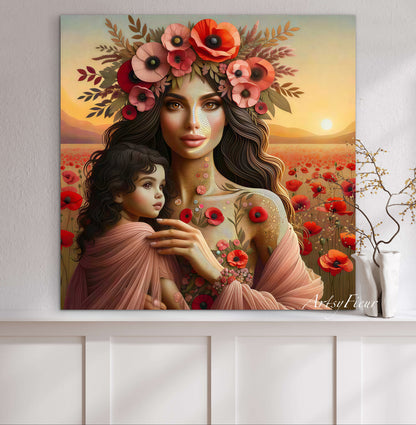 Framed Canvas- Vibrant Poppies Mother and Daughter Portrait Whimsical Full Moon Sunset Fantasy Oil Painting Wall Art Print