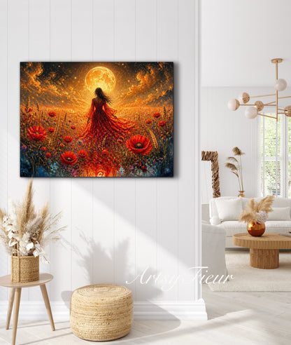 Framed Canvas - Vibrant poppies and wildflowers Whimsical Full Moon starry night sky Bride in Poppy Field, Wall Art Ready to hang original Artwork Print Red Dress
