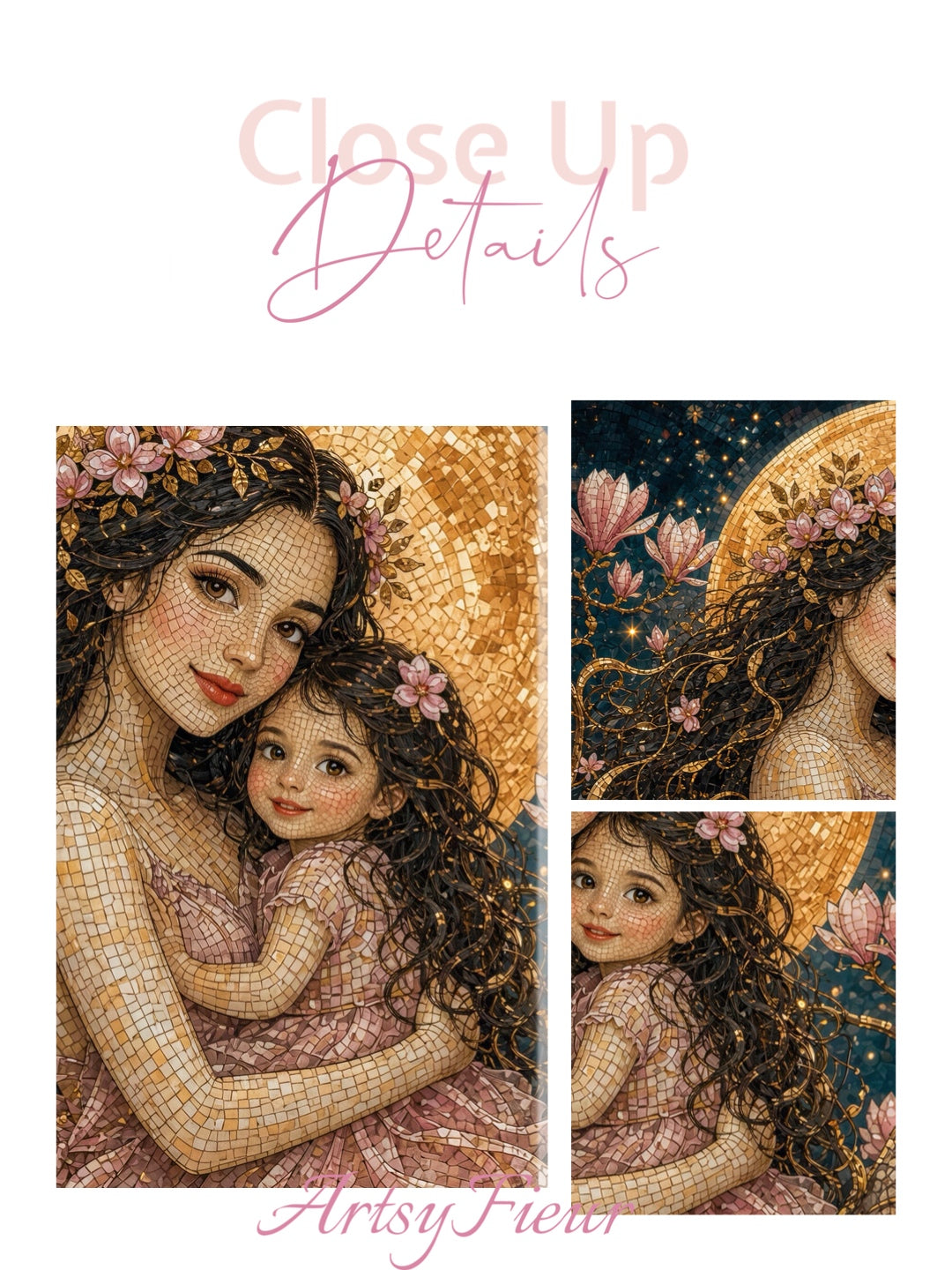 Framed canvas- Abstract Portrait Mosaic Fairy Beautiful Brunette Mother and Daughter Vibrant Magnolia Flowers Fantasy Wall Art Print