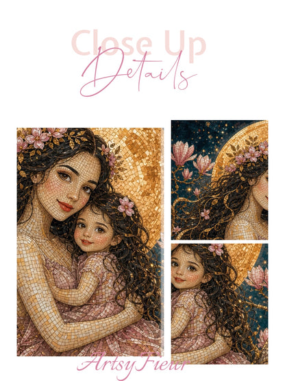 Framed canvas- Abstract Portrait Mosaic Fairy Beautiful Brunette Mother and Daughter Vibrant Magnolia Flowers Fantasy Wall Art Print