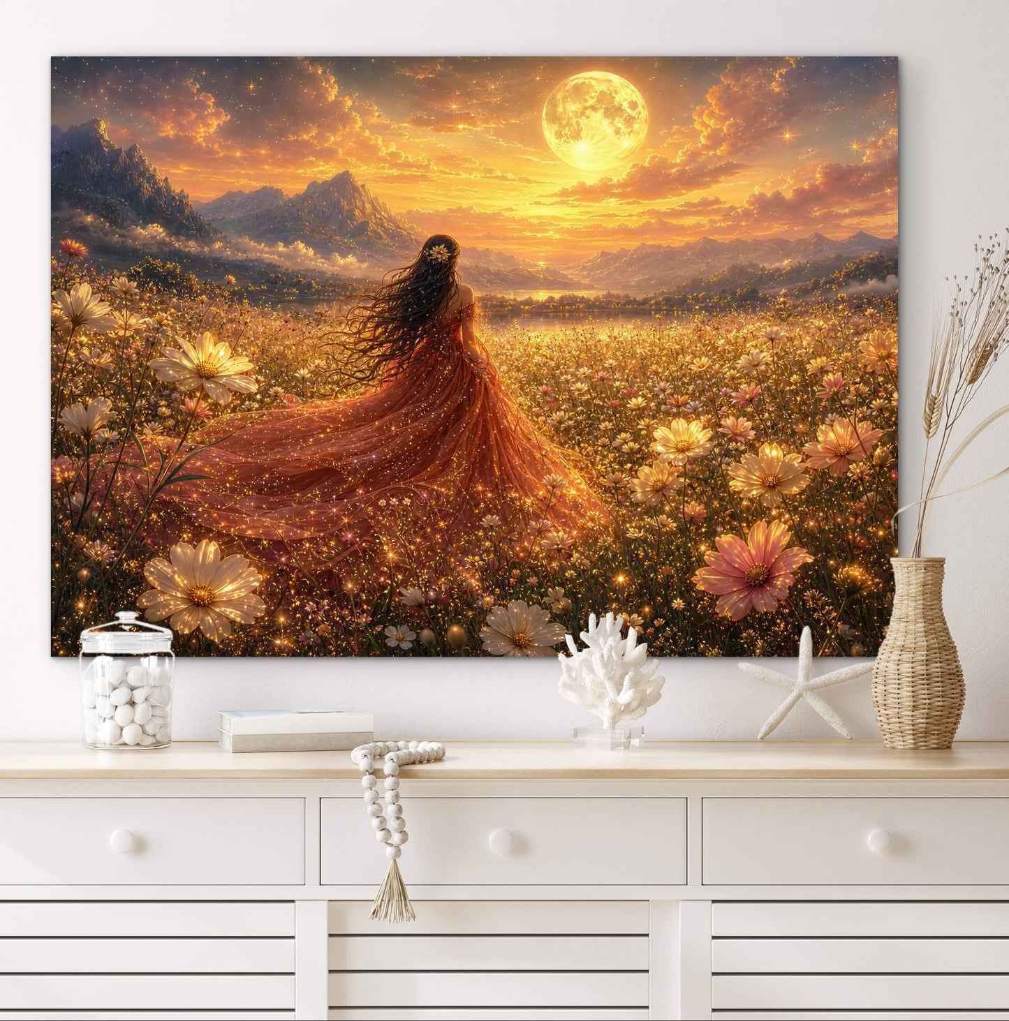 Framed Canvas- Abstract Portrait Beautiful Bride Wildflowers Field Whimsical Full Moon Fantasy Painting Art Print