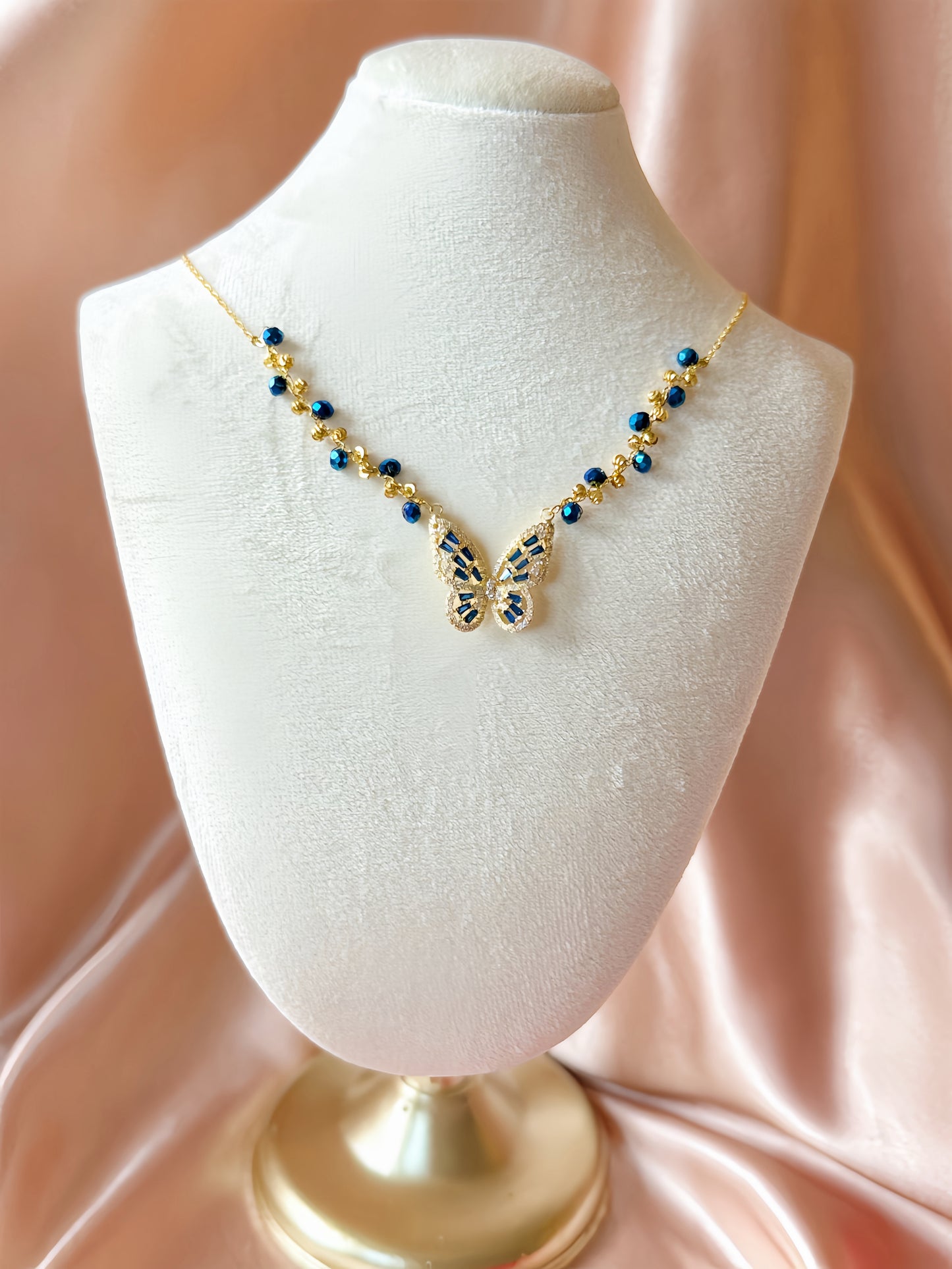 Blue Butterfly Necklace Handmade Braided Beaded Necklace | Deep Blue Crystal |18k Gold Plated | Hypoallergenic