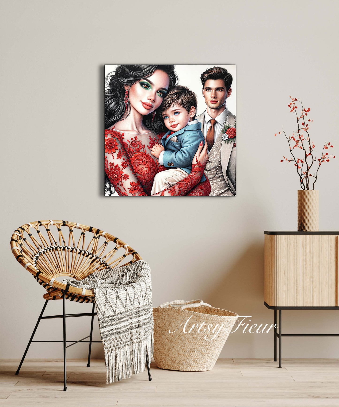 Framed canvas- ready to hang wall art print, colourful drawing abstract family portrait mother and son colourful drawing